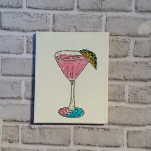 Hand-Embellish Rhinestone Pink Martini Canvas Art| Cocktail Bar Decor Glam Wall